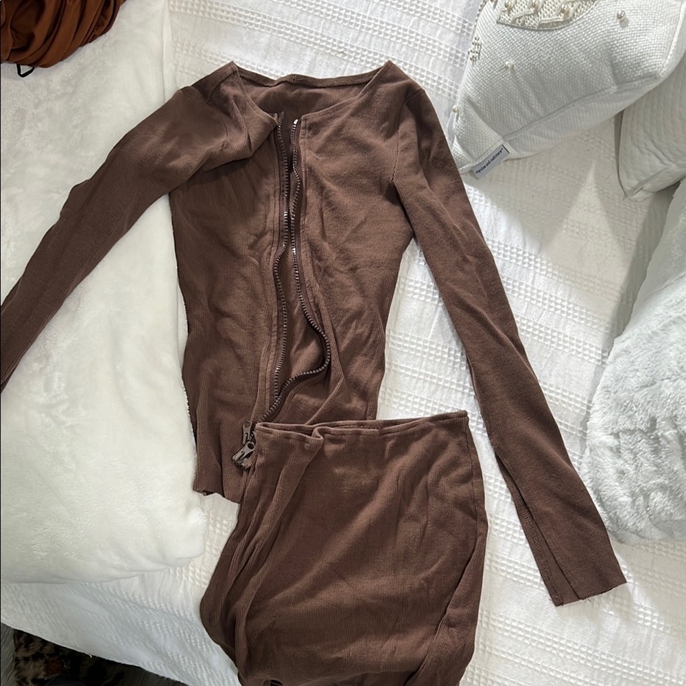 Brown Zippered Women's Two Piece Set